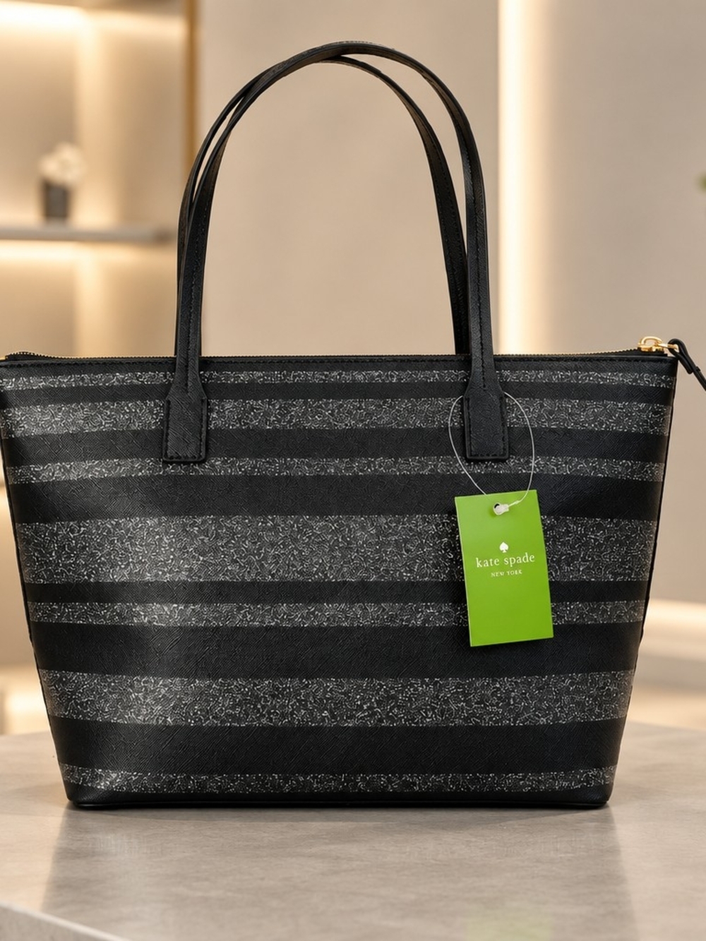KATE SPADE Haven Lane Hani Striped Tote Bag in Black Glitter Strip - Picture 3 of 5